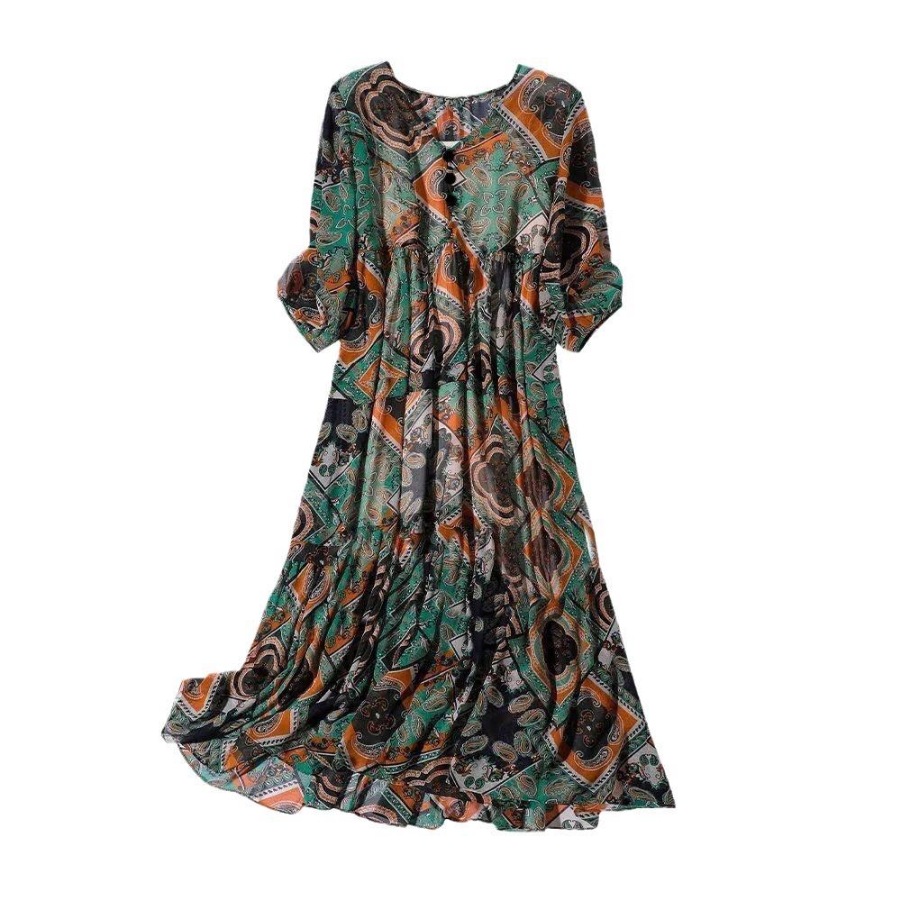 Summer Korean Version Printed Dress Waist Medium and Long Floral A-word Skirt Temperament Women's Big Swing Skirt