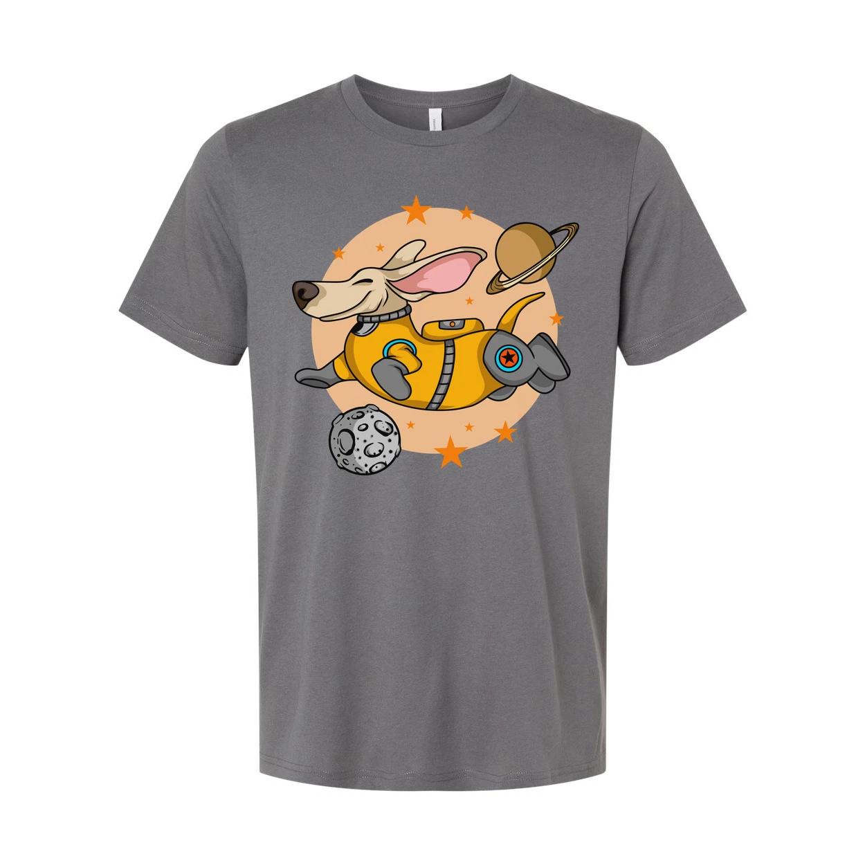 

Space Dog Astronaut Cartoon Unisex Tee With Planets And Stars Graphic Shirt For S