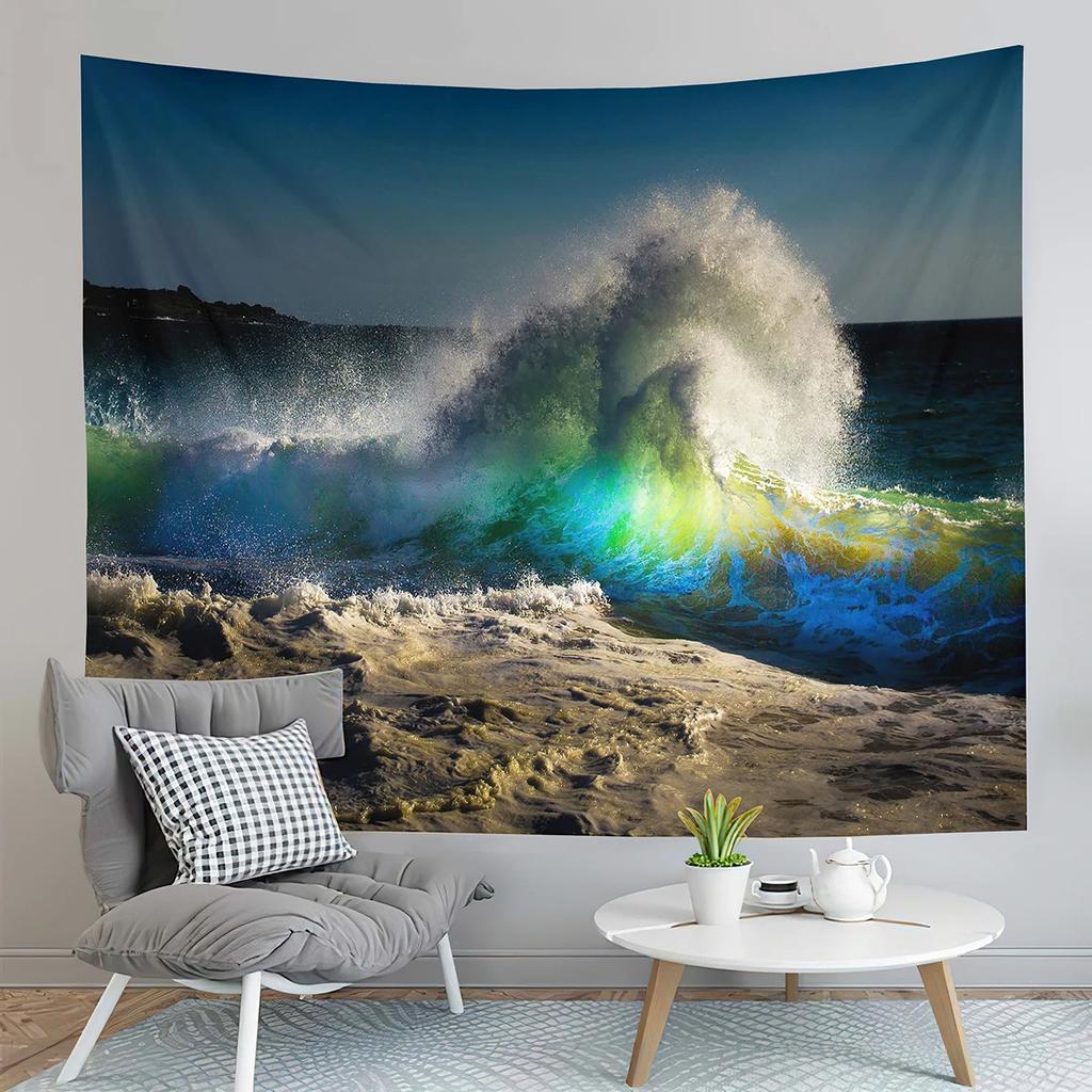 Blue Ocean Waves Tapestry Sea Sunset Scenery Tapestry Nature Art Tapestry Home Living Room Bedroom Wall Modern Art Tapestries