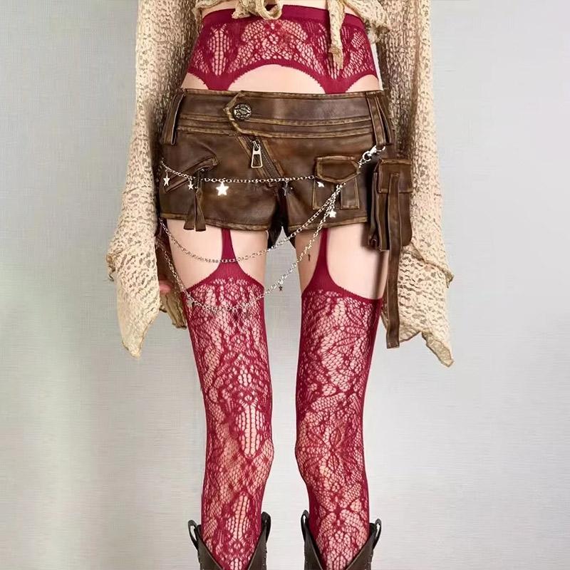 New Print Brown Fishnet Stockings Women Sexy Coffee Hollow Out Thigh High Socks Gothic Lolita Japanese Over The Knee Long Socks