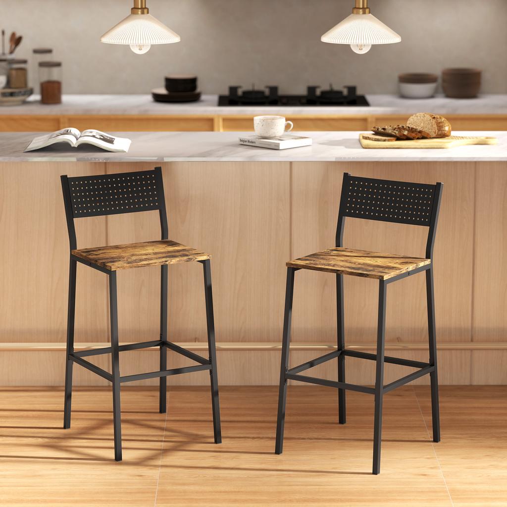 Set of 2 Bar Stools with Backrest and Integrated Footrest In Industrial Style, Rustic Brown