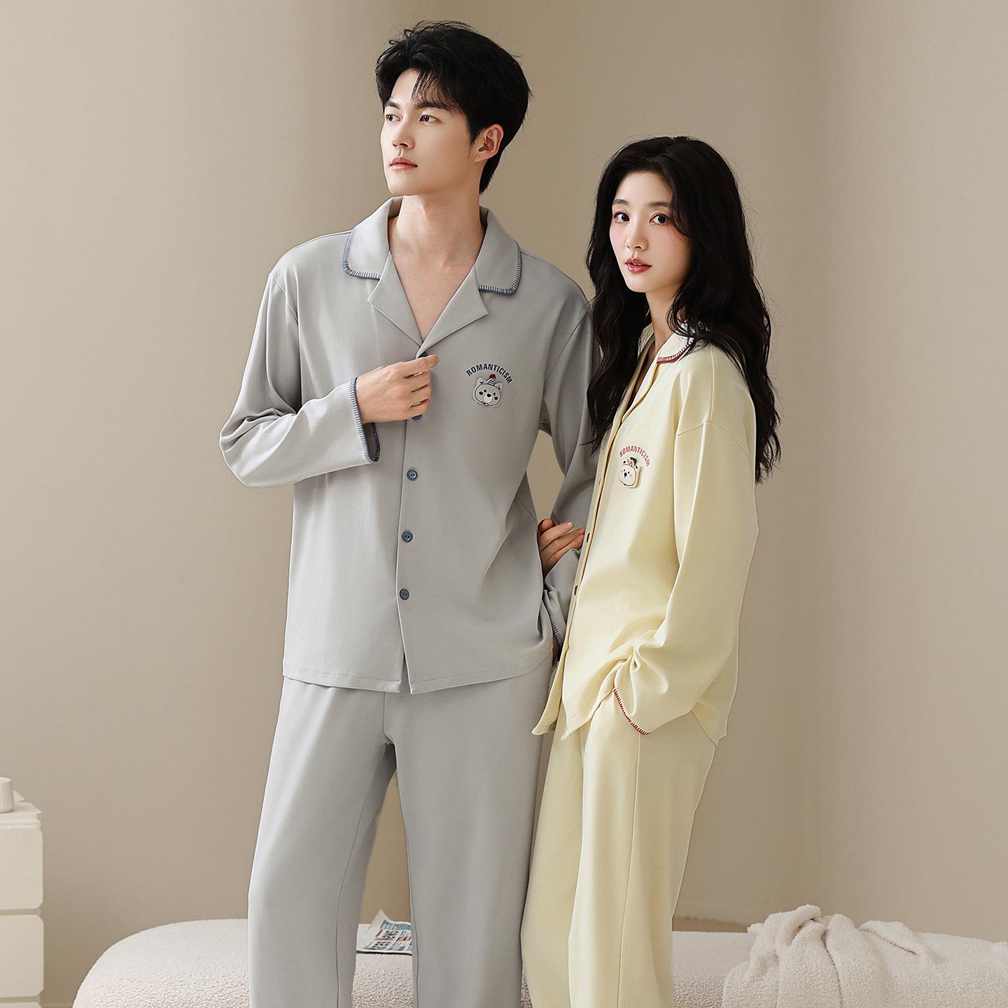 

Spring & Autumn Couple s Pajamas - Tencel Lyocell Cotton Cardigan Style, Long Sleeve Casual Home Wear Set for Men & Women Women XXL (130-150 kg)