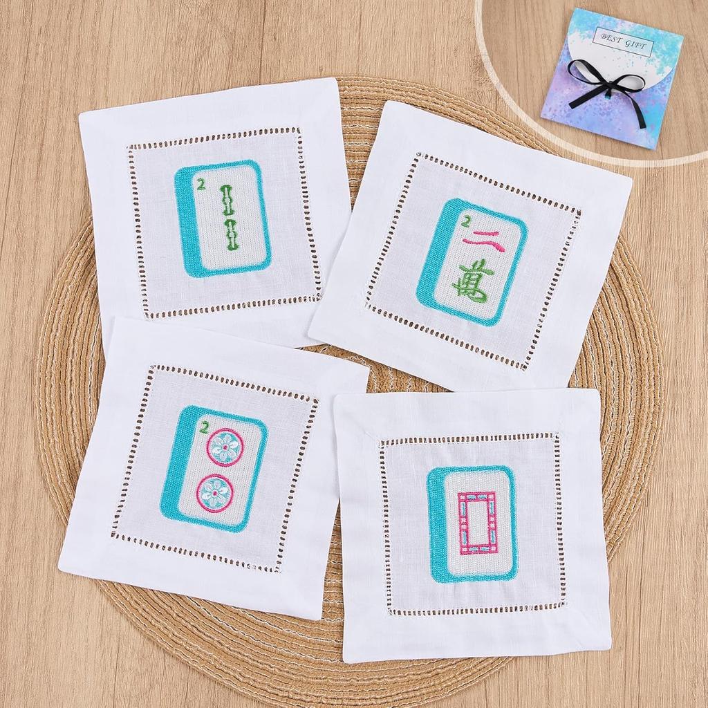 Mahjong Embroidered Napk, 4 Pieces Linen Cocktail Napk, Perfect Chinese New Year Gift for Mahjong Lovers, Dinner, Bridal Showers, Game Nights, Unique