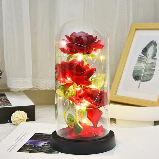 Preserved Rose in Glass Dome with LED Light Artificial Red Rose Decoration Valentine's Day Mother's Day Mom Women Wife Her Gifts