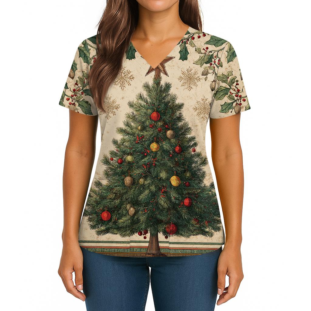 Women's Christmas Print V-Neck Double Pocket Short Sleeves Hem Slit  Uniform And Caregiver Top