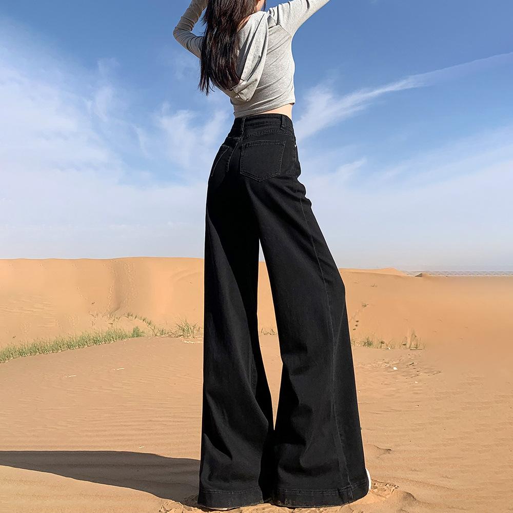 Schwarze Wide Leg Jeans für Damen für Frühling und Herbst Niedrige Taille Locker Geschnitten Schlankmachende Hosen für Herbst und Winter