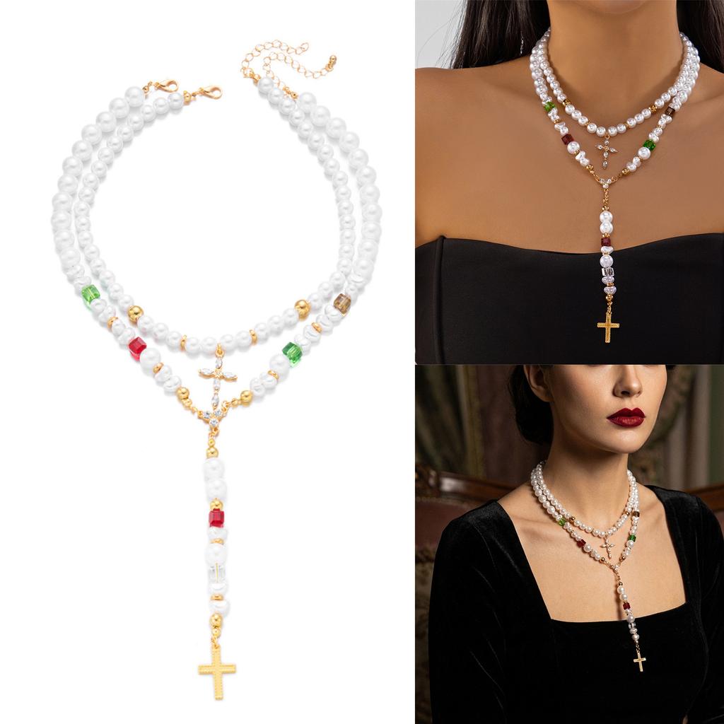 European Inspire Pearls Crosses Necklace with Colorful Beads Festive Wear Suitable for Southeast Asian Markets