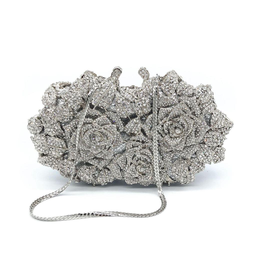 Elegante Borsa a Pochette da Sera in Cristallo e Strass a Forma di Rosa