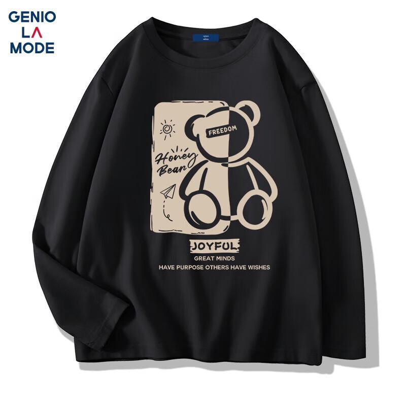 GENIOLAMODE Herren Langarm T-Shirt mit Honigbär-Print aus reiner Baumwolle
