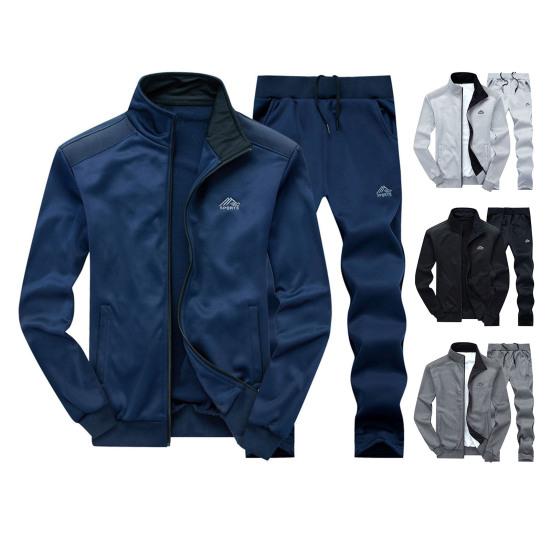 2 Adet/Set Erkek Athleisure Takım Dik Yaka Uzun Kollu Fermuarlı Patletli Ceket Elastik İpli Bel Bandı