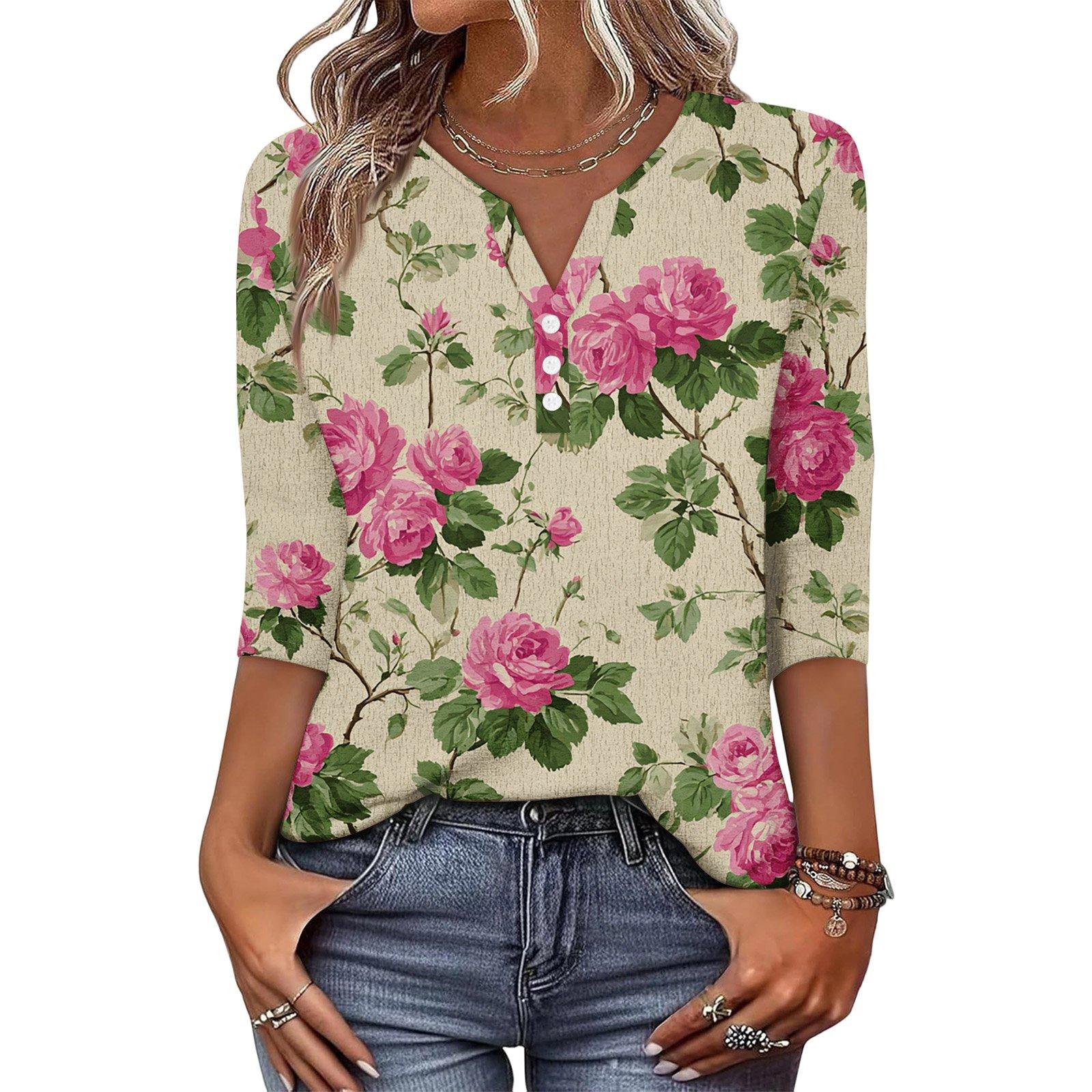 

Жіноча Модна Повсякденна Ретро Квітковий Принт V-подібний виріз На Ґудзиках Три чверті Рукав Футболка Топ XXL