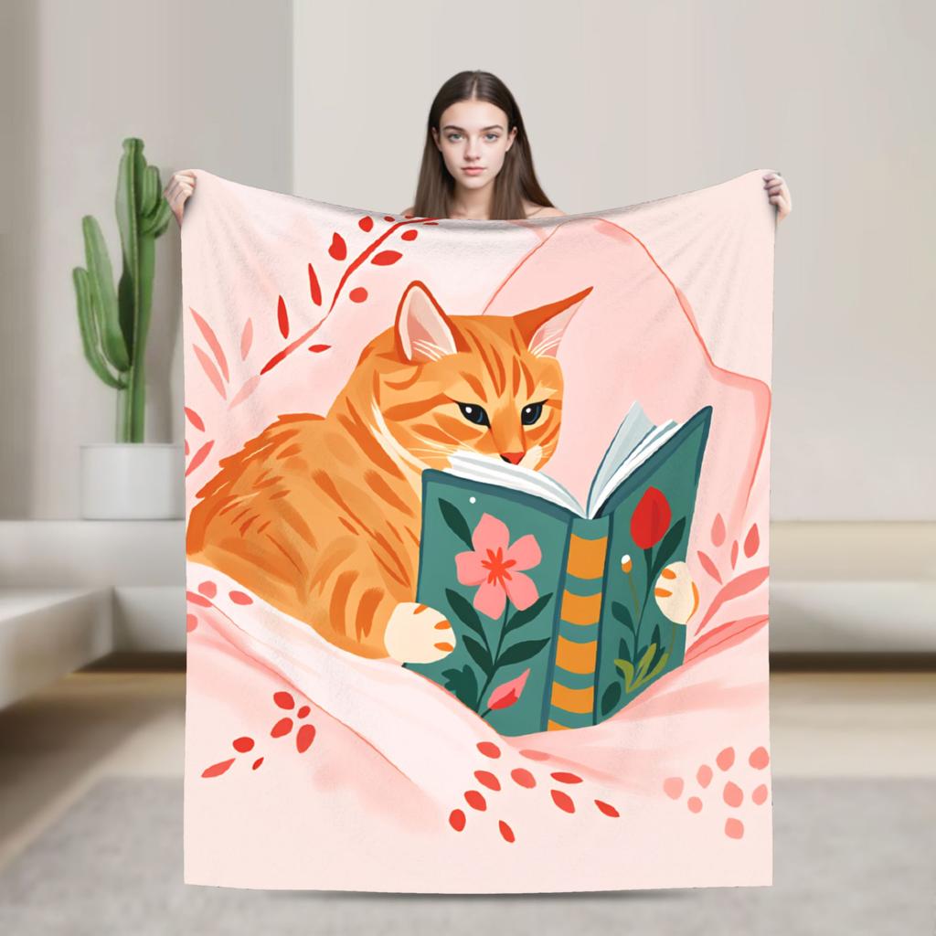 Whimsical Reading Cat Plush Blanket Girls Boys Flannel Throw Blanket For Living Room Warm Soft Custom Quality Bedspread Gift