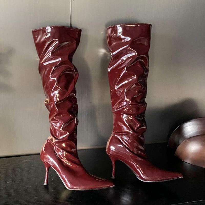 Fashion Fashion Pointed Toe Thin High Heels Boots Women Sexy Shiny Pleated Mid Calf Boots Woman Burgundy Black Pu Leather Botas Female