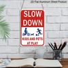 2D Flat Slow Down At Play Metal Sign - Durable Metal Safety Signage, 12*8 Inches, Easy To Install, Red and White with Blue Graphics, Perfect for