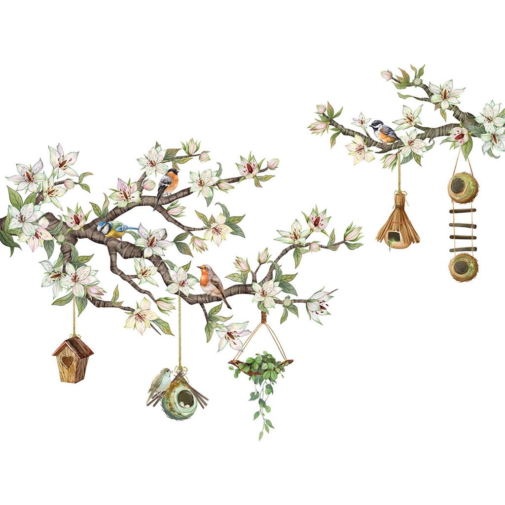 Uccelli su rami fioriti, adesivi murali rimovibili per finestre, decorazioni floreali artistiche per finestre in vetro.