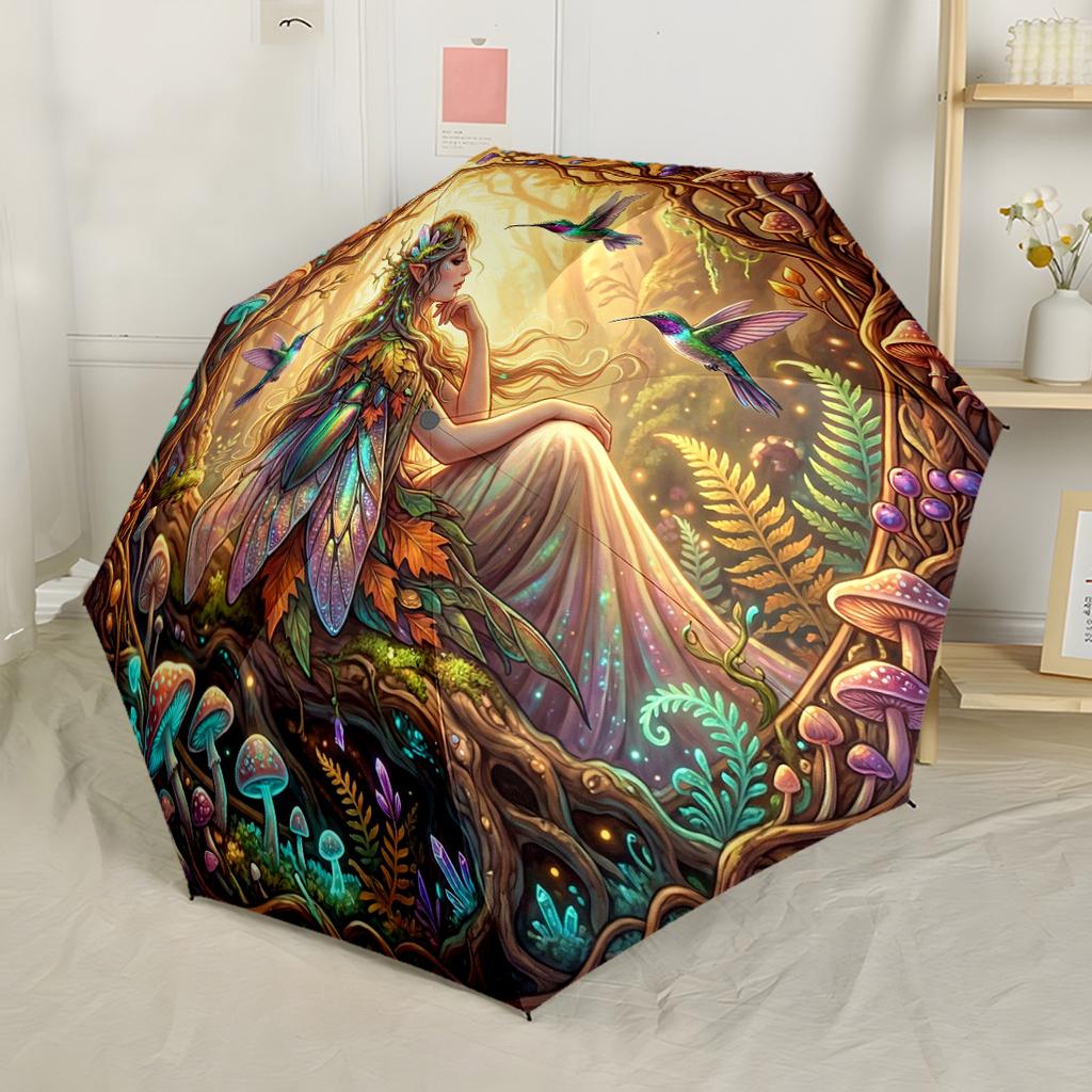 Floral Stained Glass Sprite Automatic Umbrella Folding Umbrella with 8 Ribs Compact Design Outdoor Daily Use Vibrant Pattern Umbrella Spiritual Gift