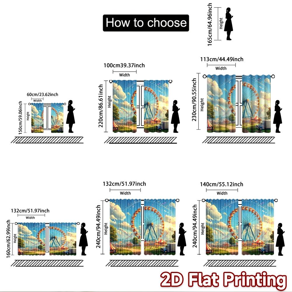2D Flat Printing 2pcs Curtains Bright Music Carnival Ferris Wheel Digital Printed Polyester Drapes Family Party Use for New Year