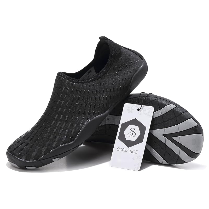 Sixspace Marine Shoes, Water Shoes, Amphibious Aqua Shoes, Snorkeling, Beach Shoes, Lightweight, Breathable, Yoga, Surfing, Unisex, Black, 26cm
