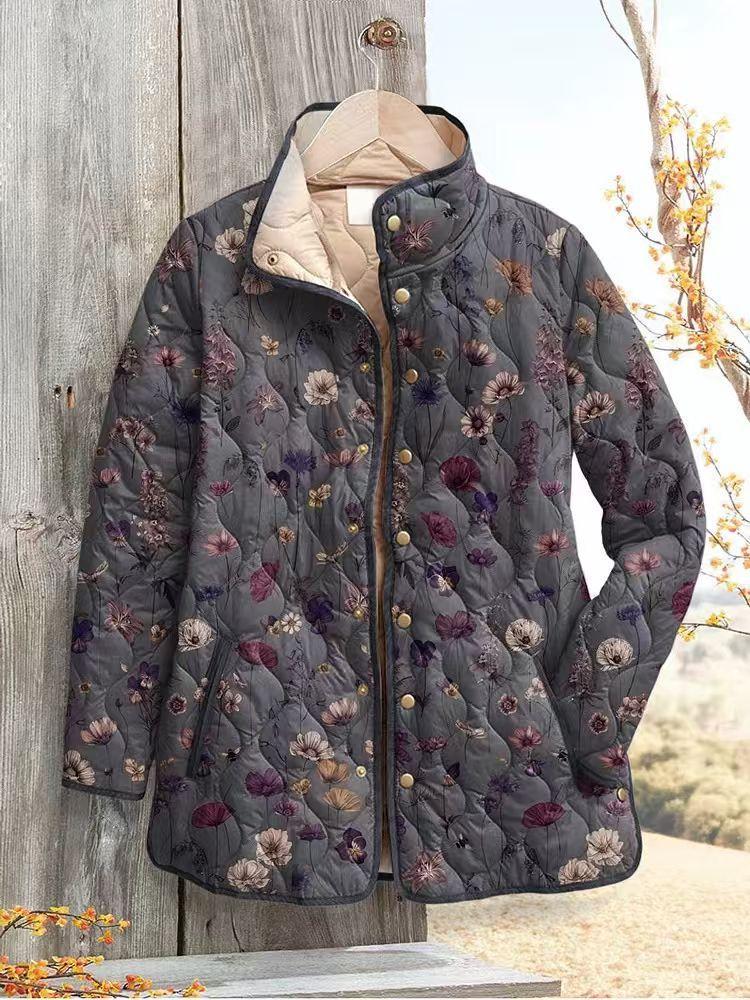 Women's Tropical Leaf Print Quilted Jacket Stand Collar Button Down Contrast Trim Casual Coat