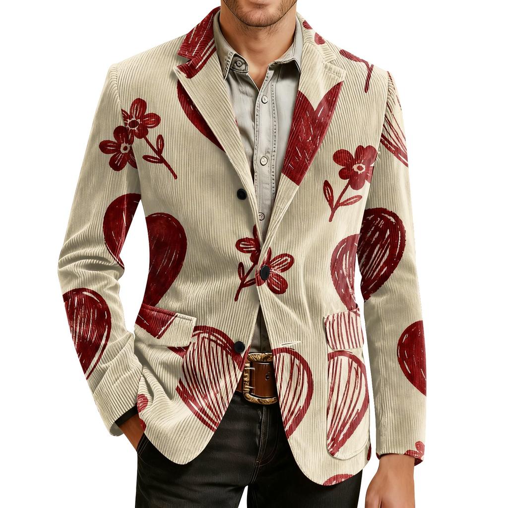 Herren Bedruckter Kord Samt Taschen Anzug Jacke Cardigan Herren Freizeitanzug
