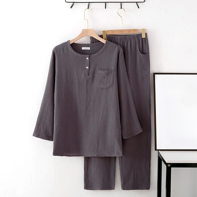 Men's Up Two Button Round Neck Pullover Tops with Pocket and Long Pants Casual Home Nightwear Men Sleepwear Set Four Seasons