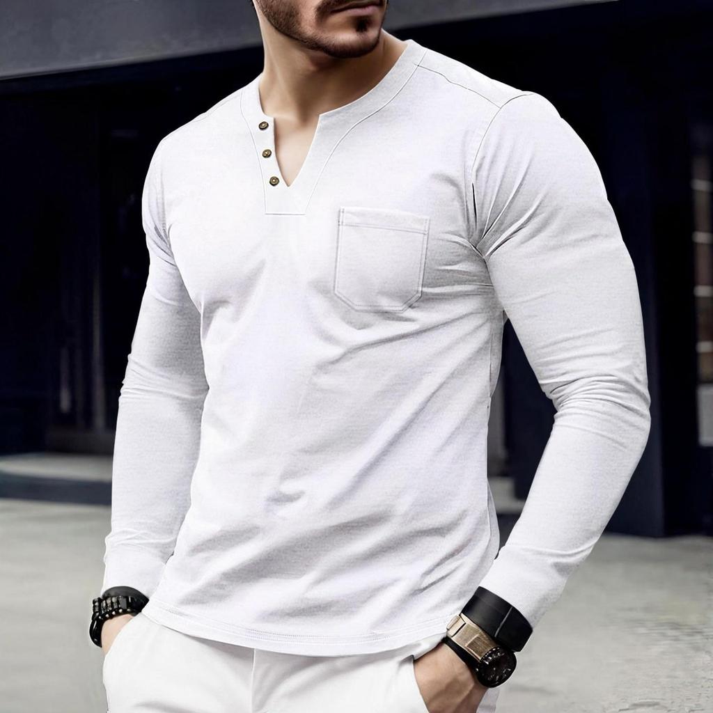 Men's Casual Solid-color Top, Men's Long-sleeved Button Pocket V-neck Top