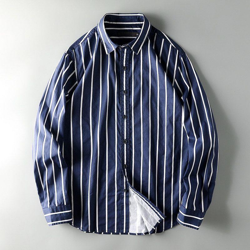 Export South Korea Single Export Tail Single Shirt Men's Cut Label Original Single Drape Stripes Spring Summer Cotton Long Sleeve Shirt
