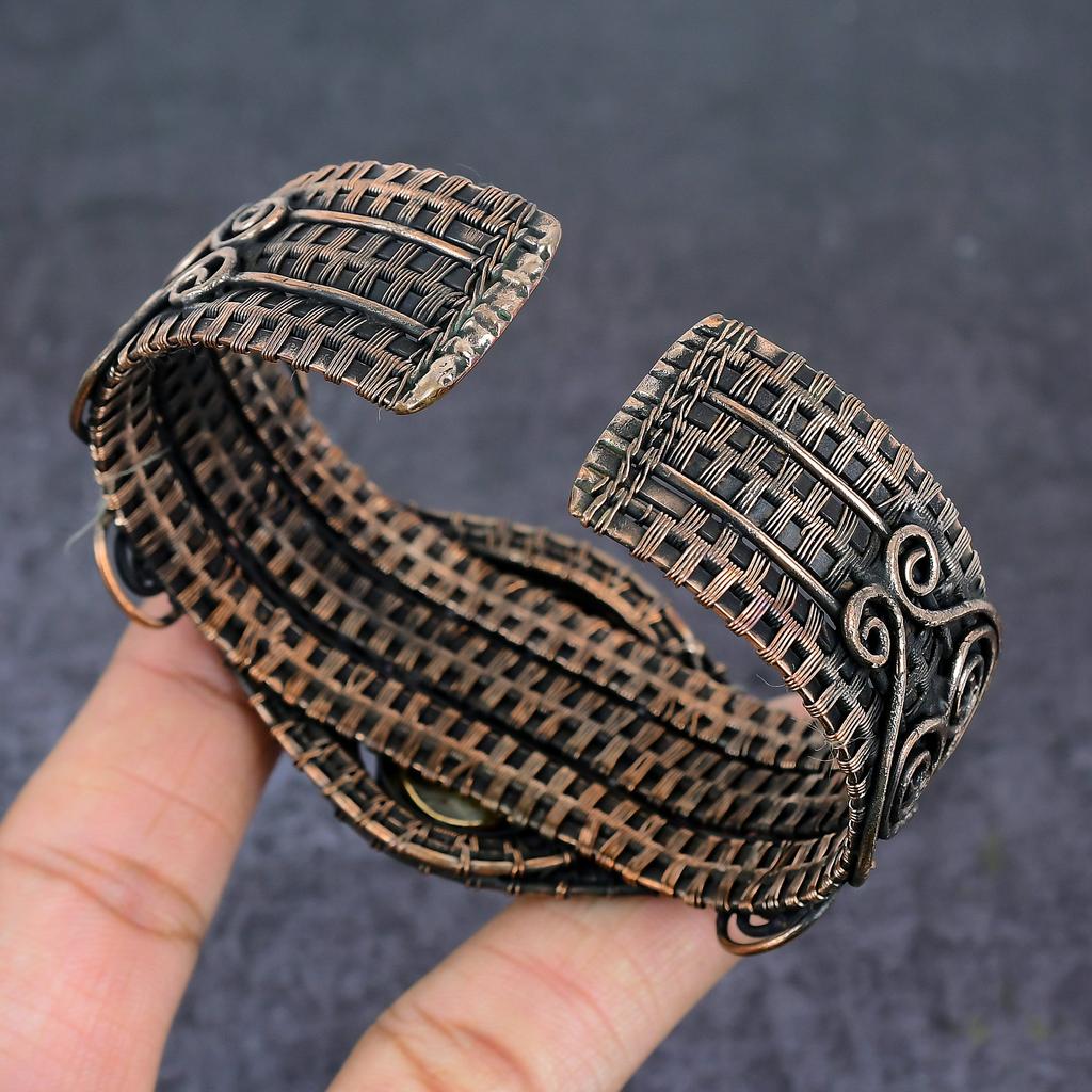 Bumble Bee Jasper Gemstone Handmade Copper Wire Wrap Cuff Bangle Adjustable q7N10