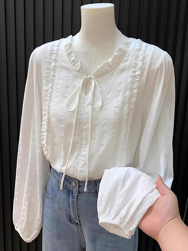 Petite Chic French Lace-up Collar Shirt for Women – White Blouse for Spring/Autumn