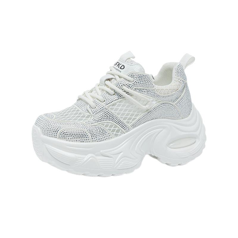 Women's Summer Rhinestone Mesh Dad Shoes - Thick-Soled, Breathable, Casual Sports, Size 34 Platform