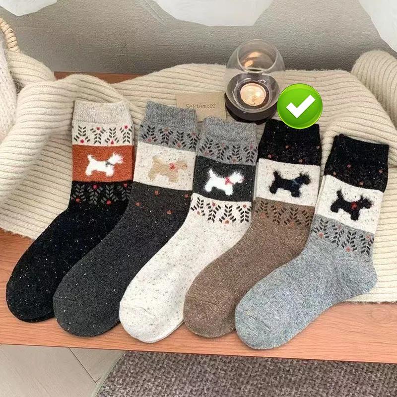 

1/5pairs Plush Warm Puppy Socks Women Winter Color Block Mid Calf Soft Fluffy Fabric American Retro Cartoon Design Cozy Cotton One Size
