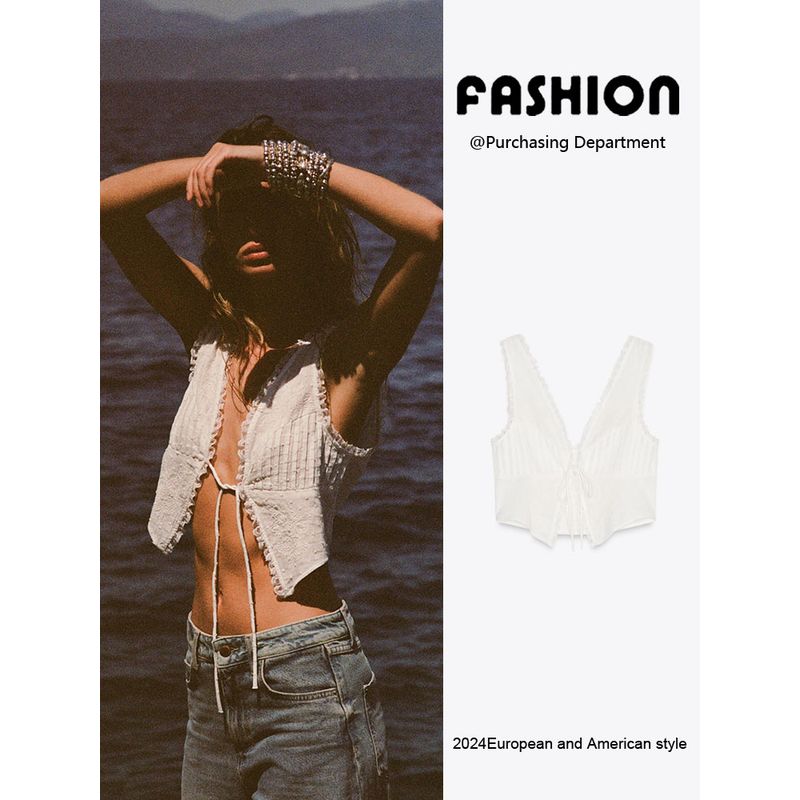 Za2025 Summer New Women clothes Versatile Tulle Bowknot Decoration Shoulder Strap V-neck Short Jacket 7200027 251