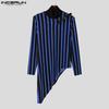 INCERUN Autumn Men's High Neck Long Sleeve Patchwork Striped Irregular Casual T-shirts Undershirts