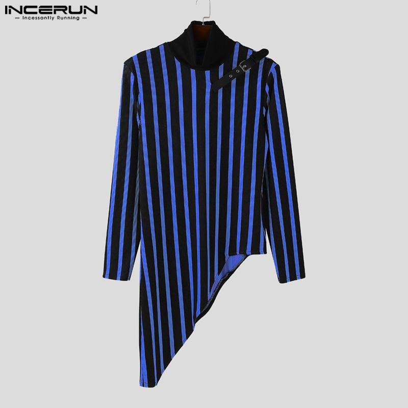 INCERUN Autumn Men's High Neck Long Sleeve Patchwork Striped Irregular Casual T-shirts Undershirts