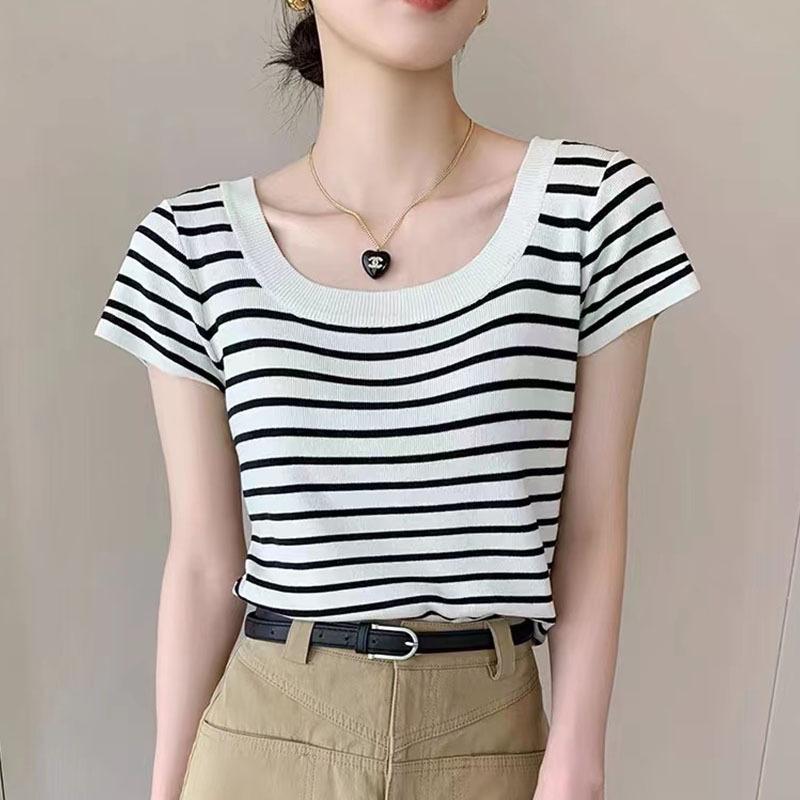 U-neck Striped Ice Silk Sweater Short-sleeved Women's Pullover Summer Versatile Short Contrasting Base Shirt
