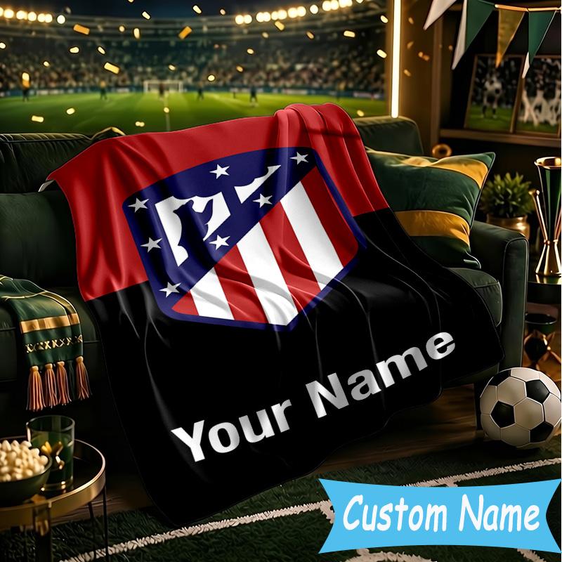 Custom Name Atletico Madrid Crest Flannel Blanket, Use for Birthday/Holiday Gift, Soft Blanket for Sofa/Bed/Camping/Office, Home Decor