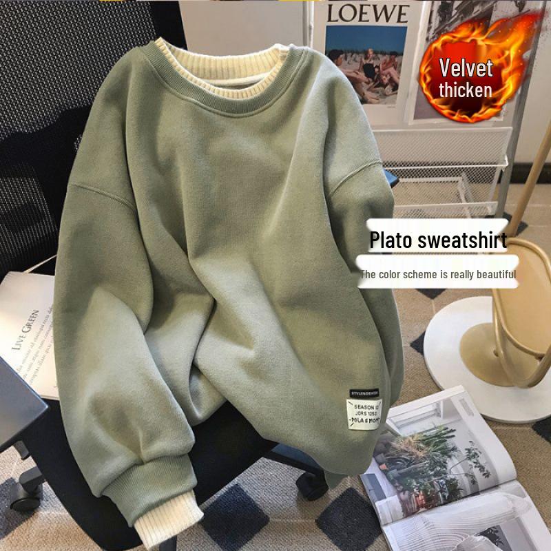 

Plus Size Cozy Cotton Blend Hoodie - Velvet Lined, Two-Piece Effect, Round Neck, Loose Fit for Autumn/Winter. L зелёный