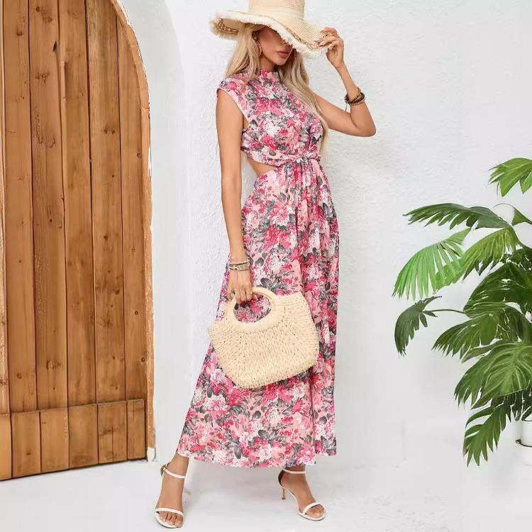 Sommer Lässig Geblümt Ärmellos Rückenfrei Hohe Taille A-Linie Halboher Kragen Knöchellange Kleider Damen Frühling