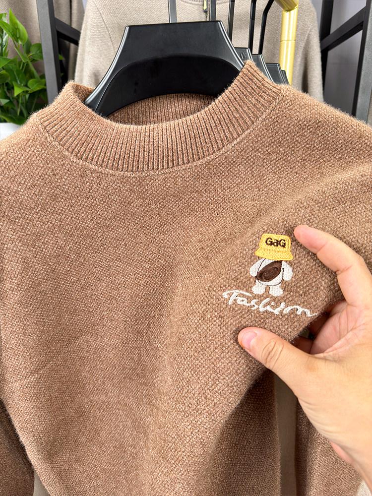 Men's Anti-Pilling Sweater with Fleece, Half-High Collar, New Embroidery, and Warm Knit Base Layer