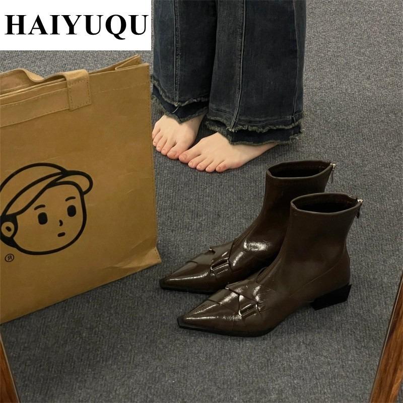 Sexy Pointed Toe Ankle Boots Low Heels Women Shoes Party Dress Elegant PU Leather Brand  New Chelsea Goth Pumps Botas Mujer