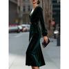 Spring European and American Velvet Long-sleeved Dress V-neck Sequins Slim Fit Elegant Temperament Commuter Splicing