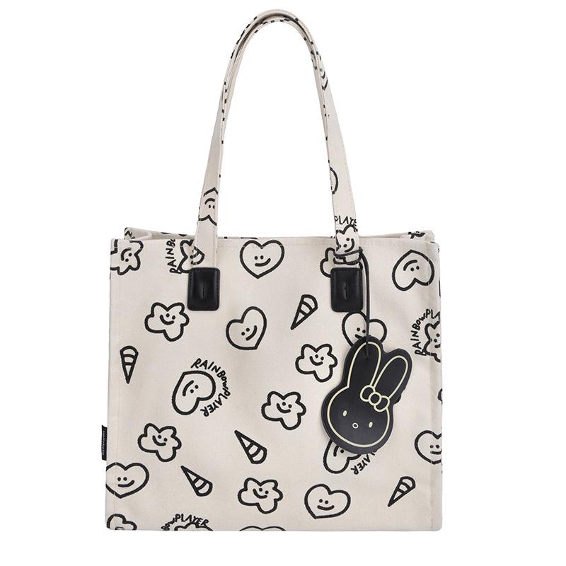Cute Cartoon Canvas Shoulder Bag - Large Capacity, Fashionable & Versatile Heart Tote for Women