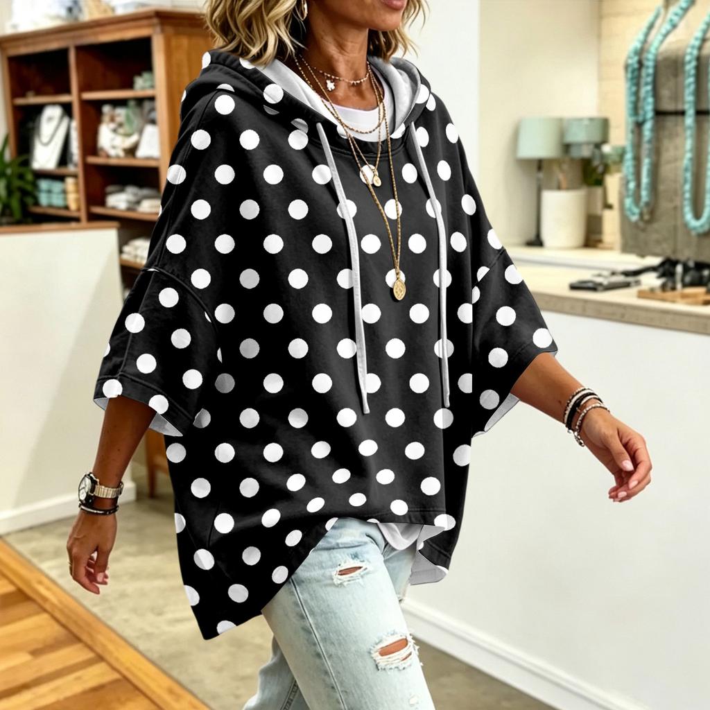 Women's Polka Dot Print Drawstring Hooded Sweatshirt Loose Fit Casual Top