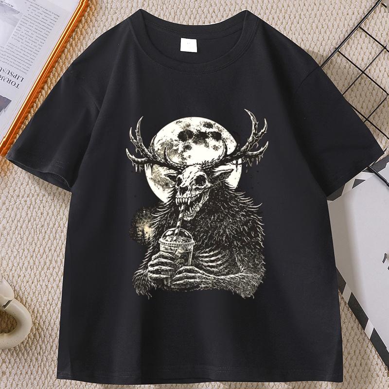 Wendigo Moon Coffee TShirt Sarcastic Dark Humor Tee Short Sleeve Graphic T Shirts Gothic Horror Clothes Unisex Streetwear