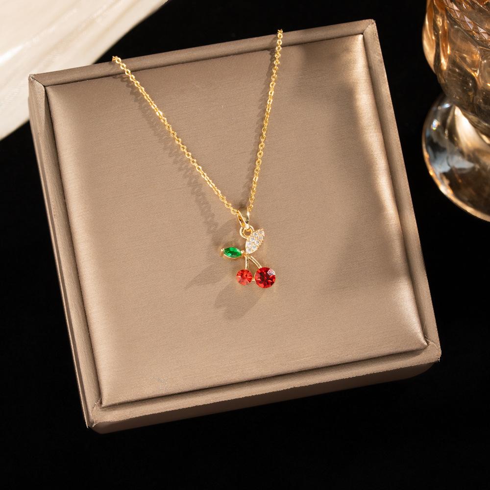 Korean Style Fresh Red Cherry Pendant Titanium Steel Zircon Clavicle Necklace Women Summer Versatile