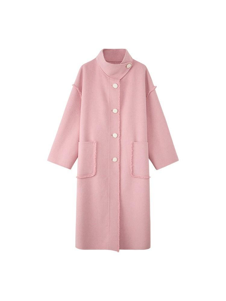 

] Розовое шерстяное пальто с необработанным краем, двустороннее, женское, зимнее, новый дизайн, воротник-стойка, свободное и тонкое шерстяное пальто L