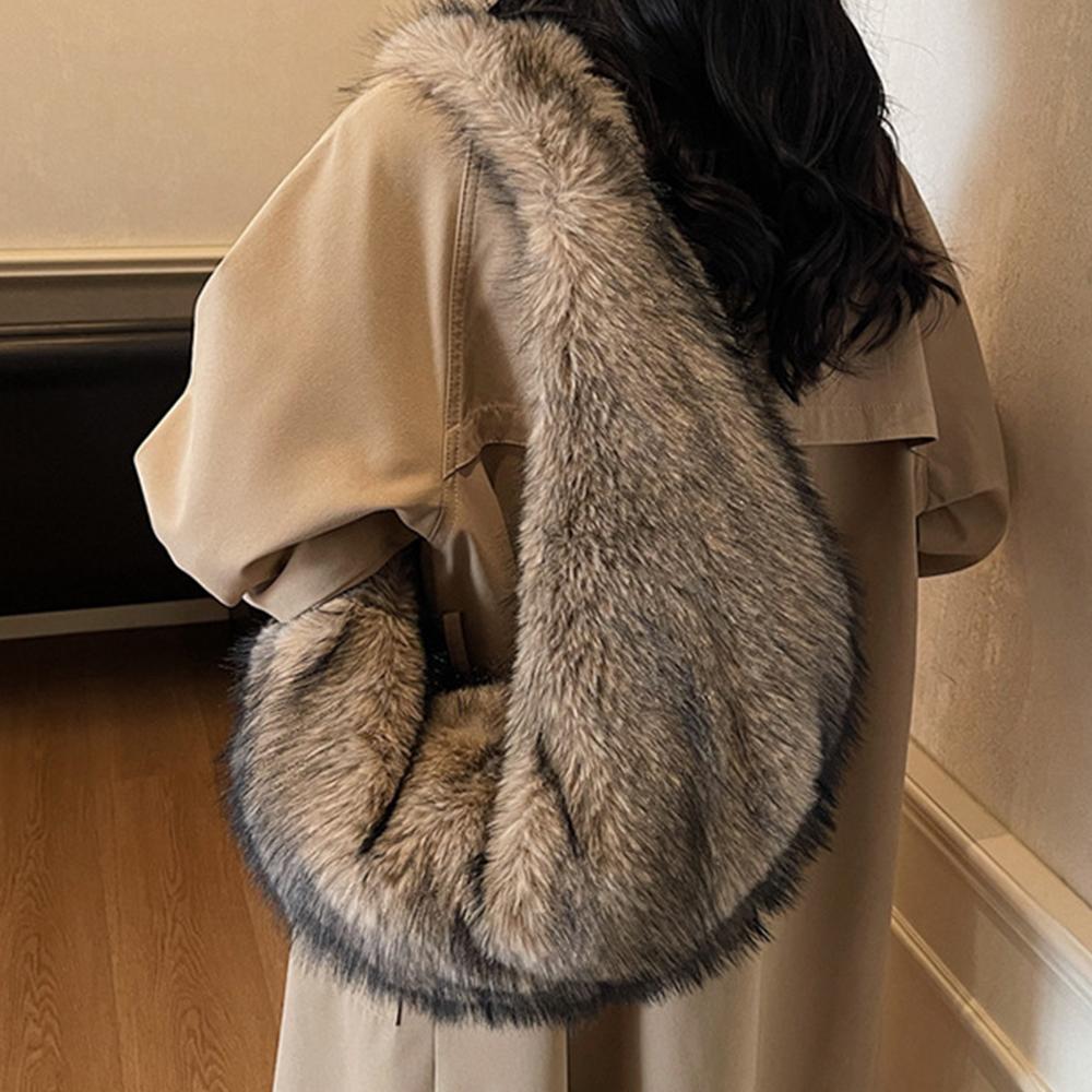 Winter Fluffy Plush Shoulder Bag Half Moon Hobos Faux Fur Bags for Women Handbags Soft Warm Shopper Tote Cloud Dumpling Bag