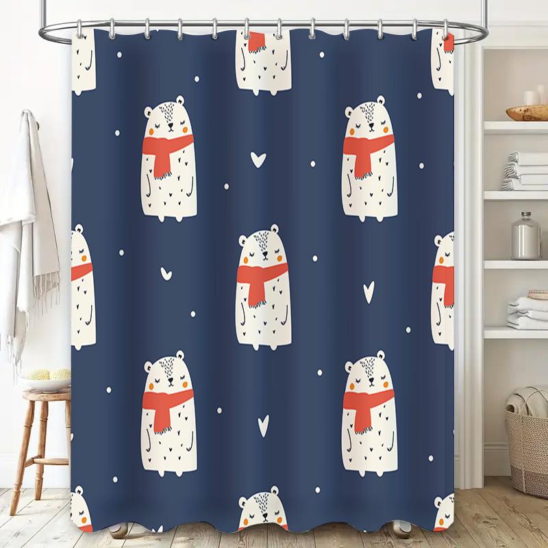 Whimsical Winter Bear Blue Shower Curtain For Bathroom Decor Soft Fabric With Hooks Perfect Gift Idea