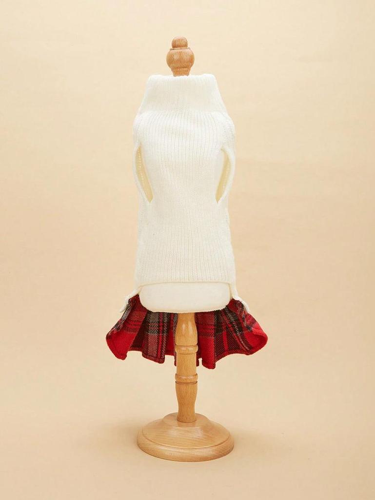 Pet Fall/Winter Outfit: Knit Sweater & Plaid Skirt with Bow-Tie for Dogs and Cats, Faux Two-Piece Design