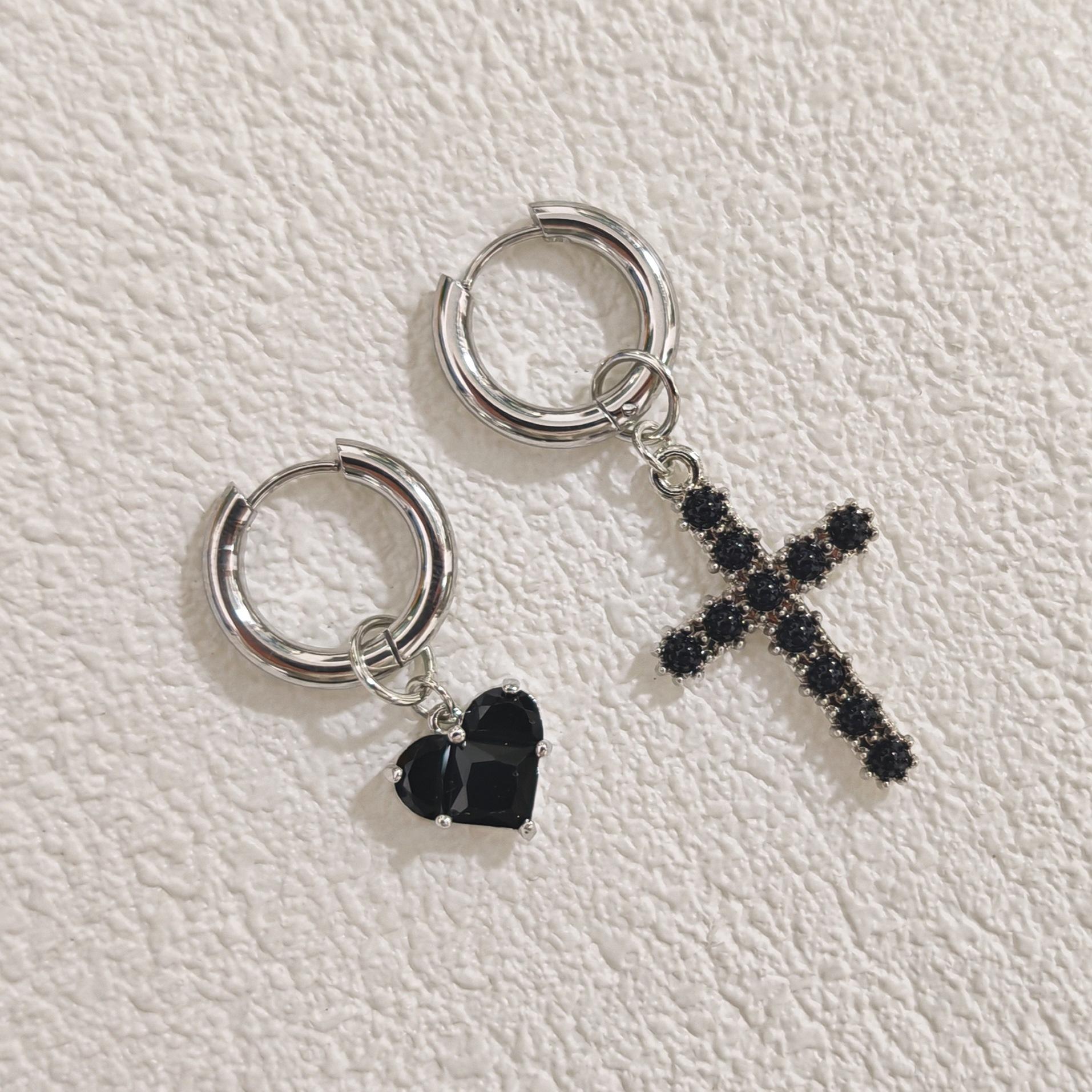 Black Heart Cross Asymmetrical Pendant Earrings Retro Jewelry